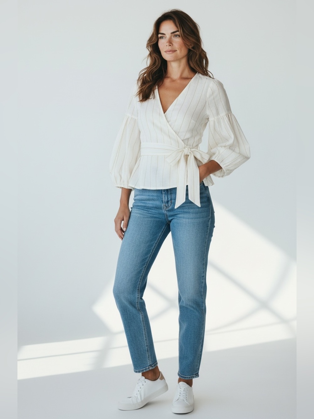 Love Stitch Wrap Striped Balloon Sleeves Tie Ivory Peplum Top Size S NWT